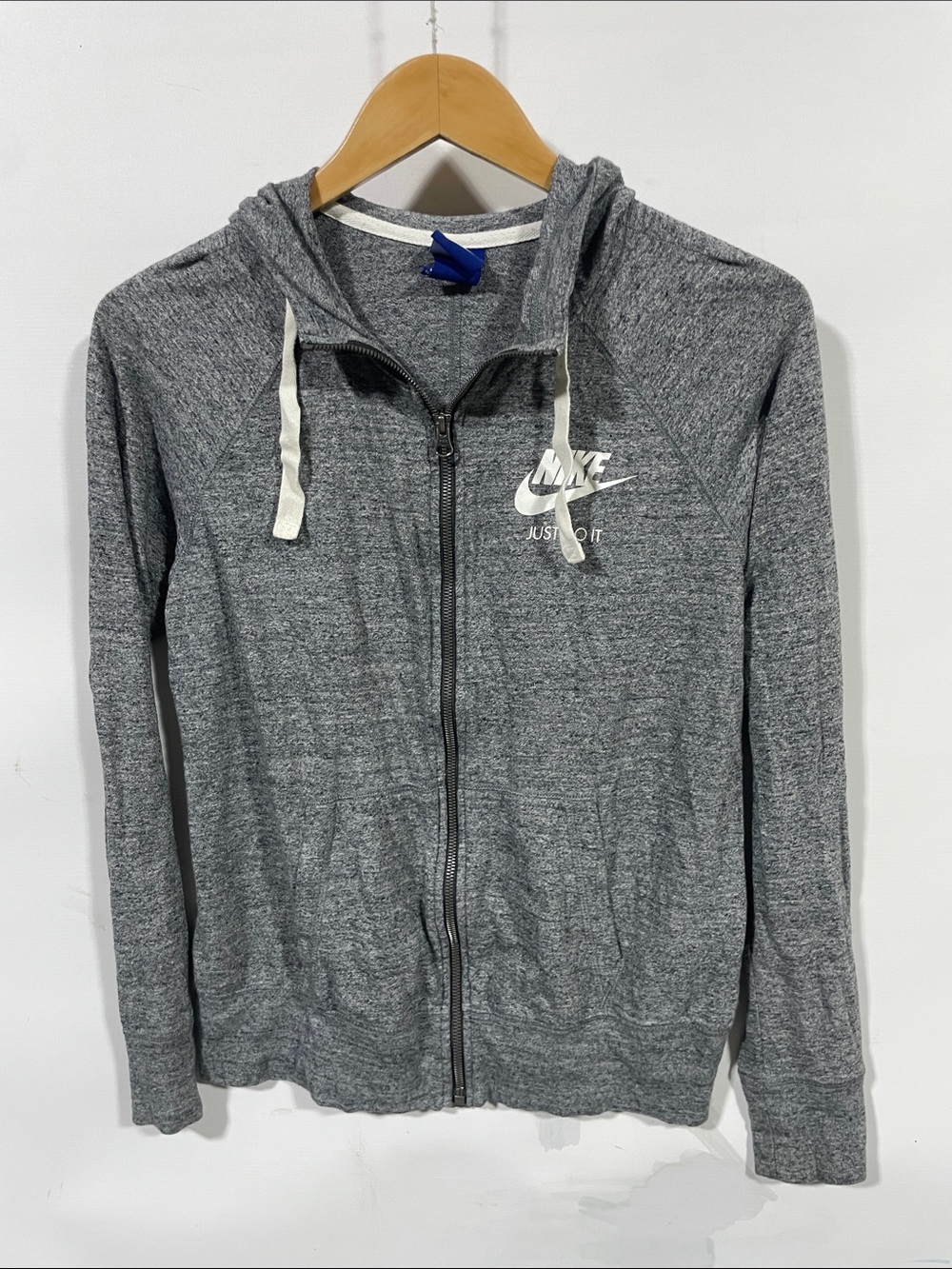 Nike Grey Heather Full-Zip Hoodie with White Logo and Drawstrings